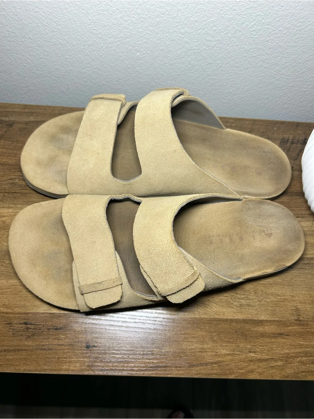 Suede Double-Strap Slide Sandals in Beige